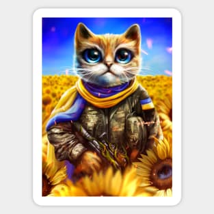 Ukrainian cat warrior in a field of sunflowers Sticker